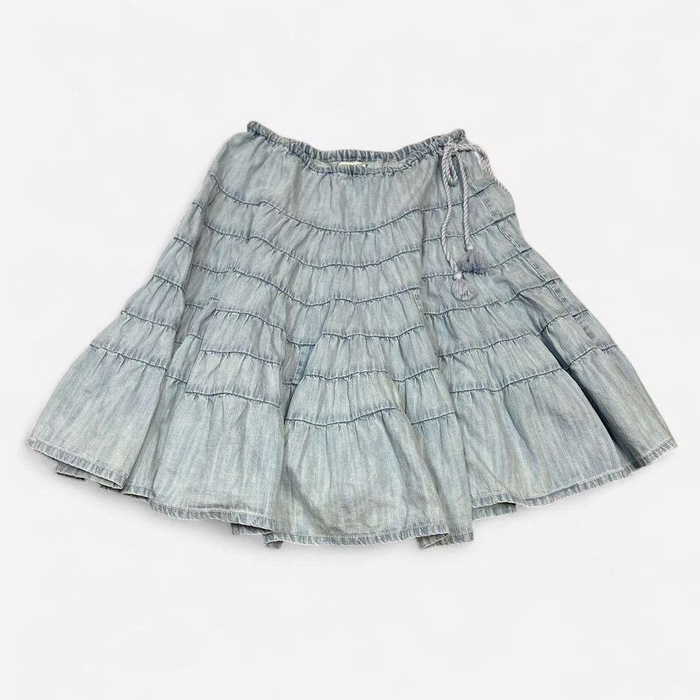 We The Free Free Light Blue Denim Tiered Circle Skirt Womens S Coastal Boho